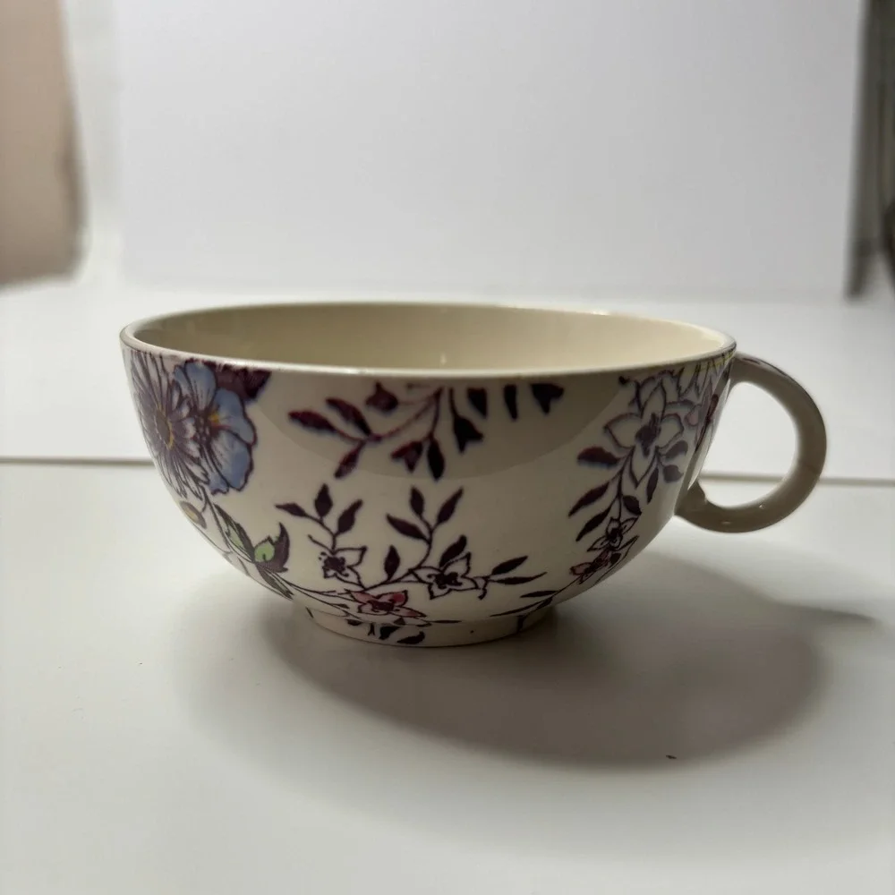 Vintage Vernon Kilns Cream Floral Tea Cup Mug Wide Flat Purple Yellow Classic